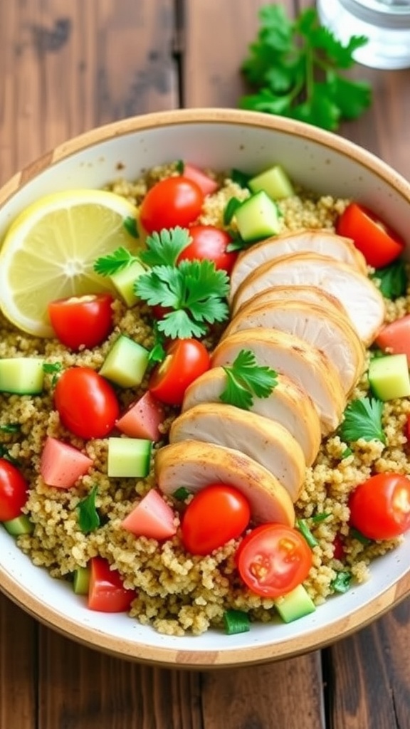 A healthy quinoa chicken bowl with grilled chicken, cherry tomatoes, cucumber, and parsley, served in a rustic bowl.